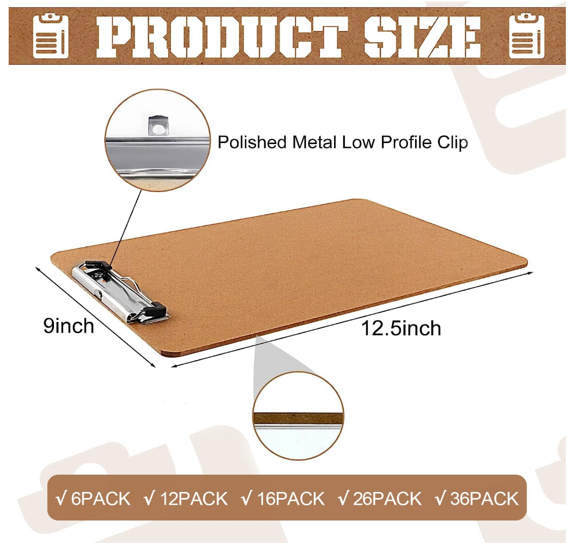 6 Pack Hardboard Office Clipboards 8.5x11 Standard Letter Size