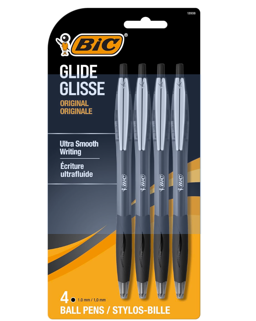 BIC Glide Black Retractable Ballpoint Pens, Medium Point (1.0mm), 4-Count Pack