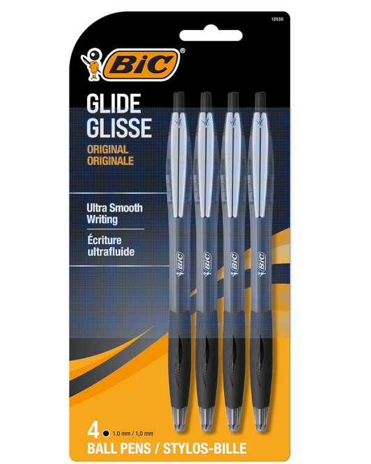 BIC Glide Black Retractable Ballpoint Pens, Medium Point (1.0mm), 4-Count Pack