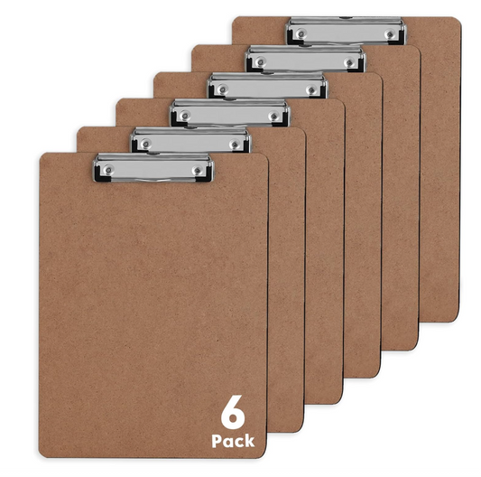 6 Pack Hardboard Office Clipboards 8.5x11 Standard Letter Size